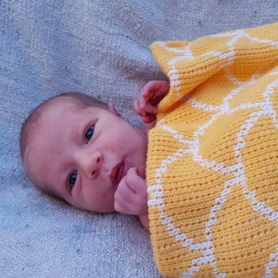 Baby wrapped in a yellow and white organic cotton baby blanket. Passionfruit and Lemonade