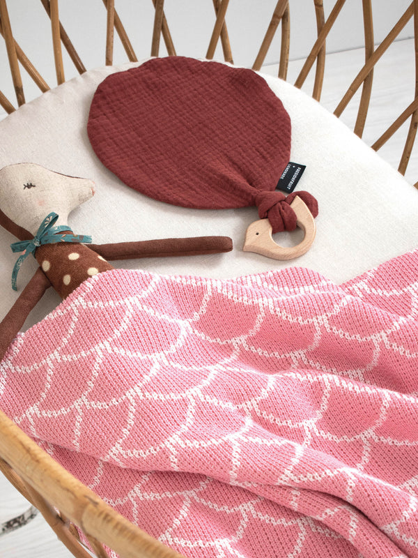 Pink Passionfruit and Lemonade baby blanket and rust red balloon shaped cuddle cloth with bird shaped wooden teether