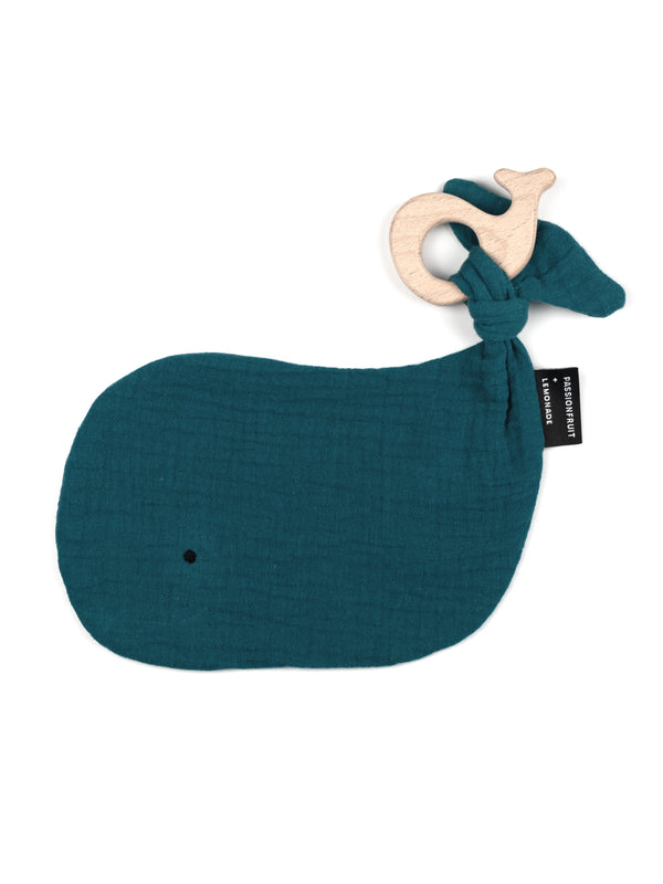 Petrol blue whale shaped cuddle cloth with wooden teether.
